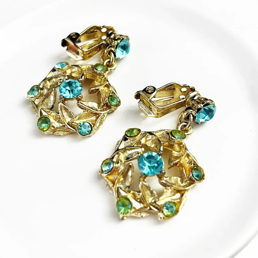 Vintage Teal Blue & Gold Tone Clip Drop Earrings